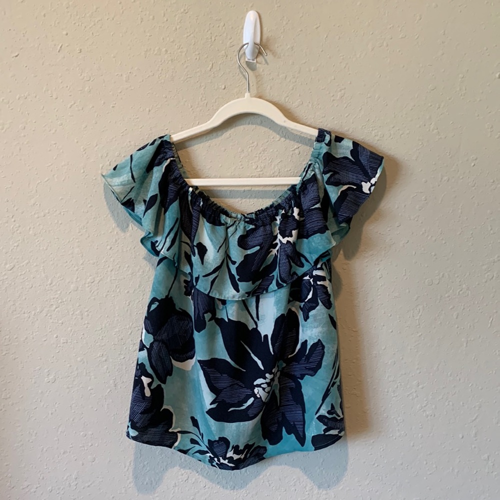 Blue floral off the shoulder top (Sz S)